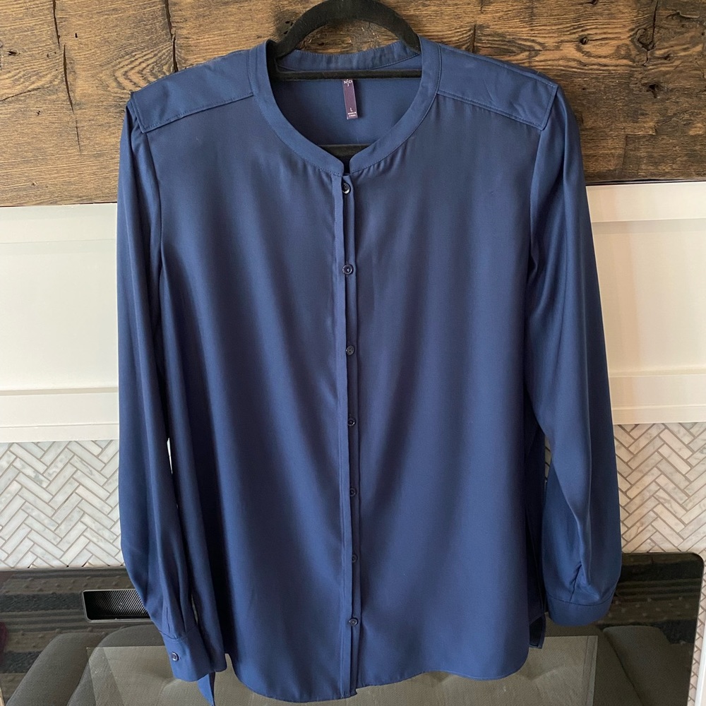 Navy NYJD Button Up Blouse with Mock Collar Size L